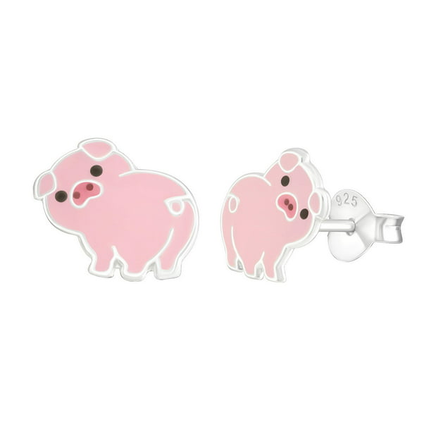 Children's pink pig ear studs 925 sterling silver stamped colourful earrings